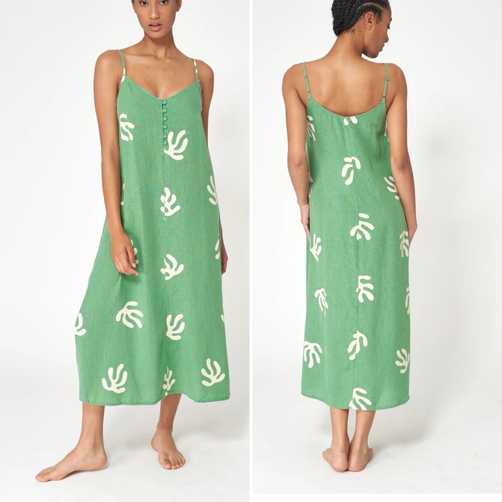Batela Green Spaghetti-Strap Linen Blend Sundress Size EU 38